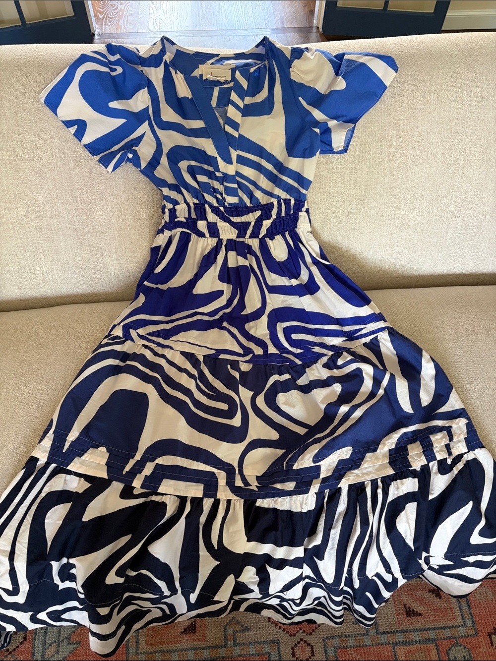 Blue and White Abstract Print V-Neck Women's Dress